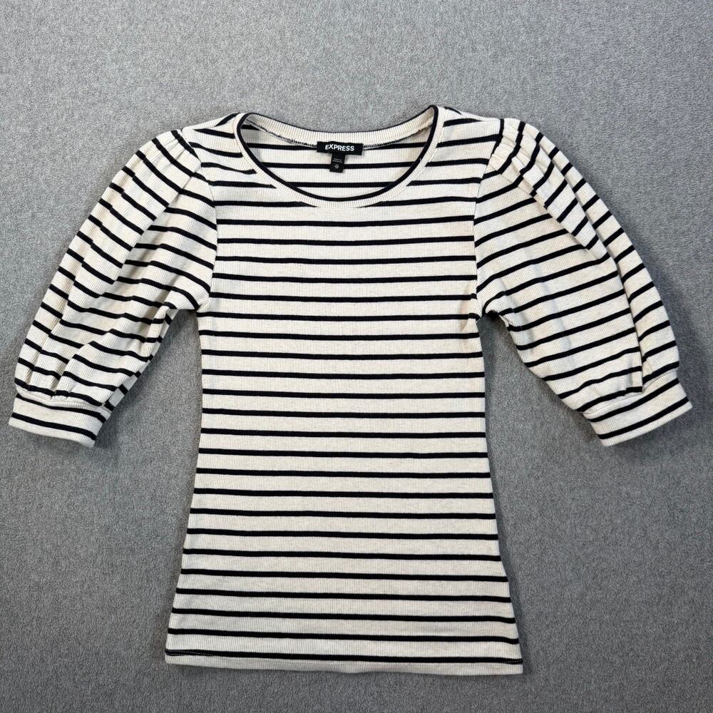 EXPRESS Women's X-Small Striped Ribbed Knit Puff Sleeve Top Cream Black Blouse